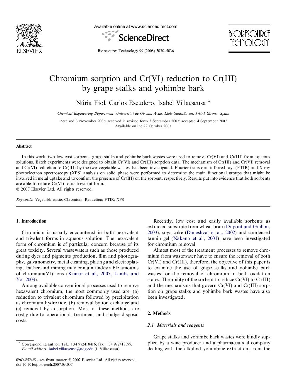 عکس صفحه اول مقاله: Chromium sorption and Cr(VI) reduction to Cr(III) by grape stalks and yohimbe bark Chromium sorption and Cr(VI) reduction to Cr(III) by grape stalks and yohimbe bark