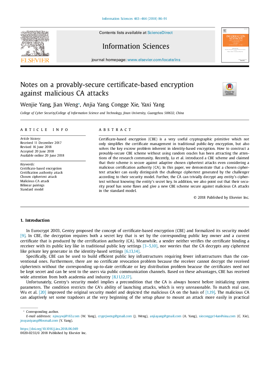 Notes on a provably-secure certificate-based encryption against malicious CA attacks