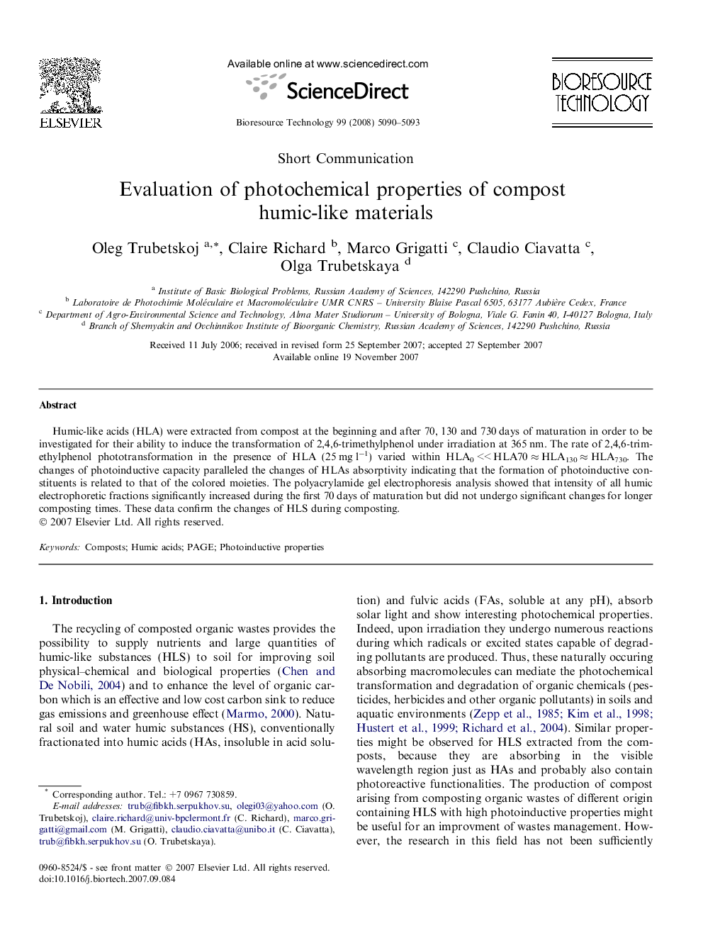 Evaluation of photochemical properties of compost humic-like materials