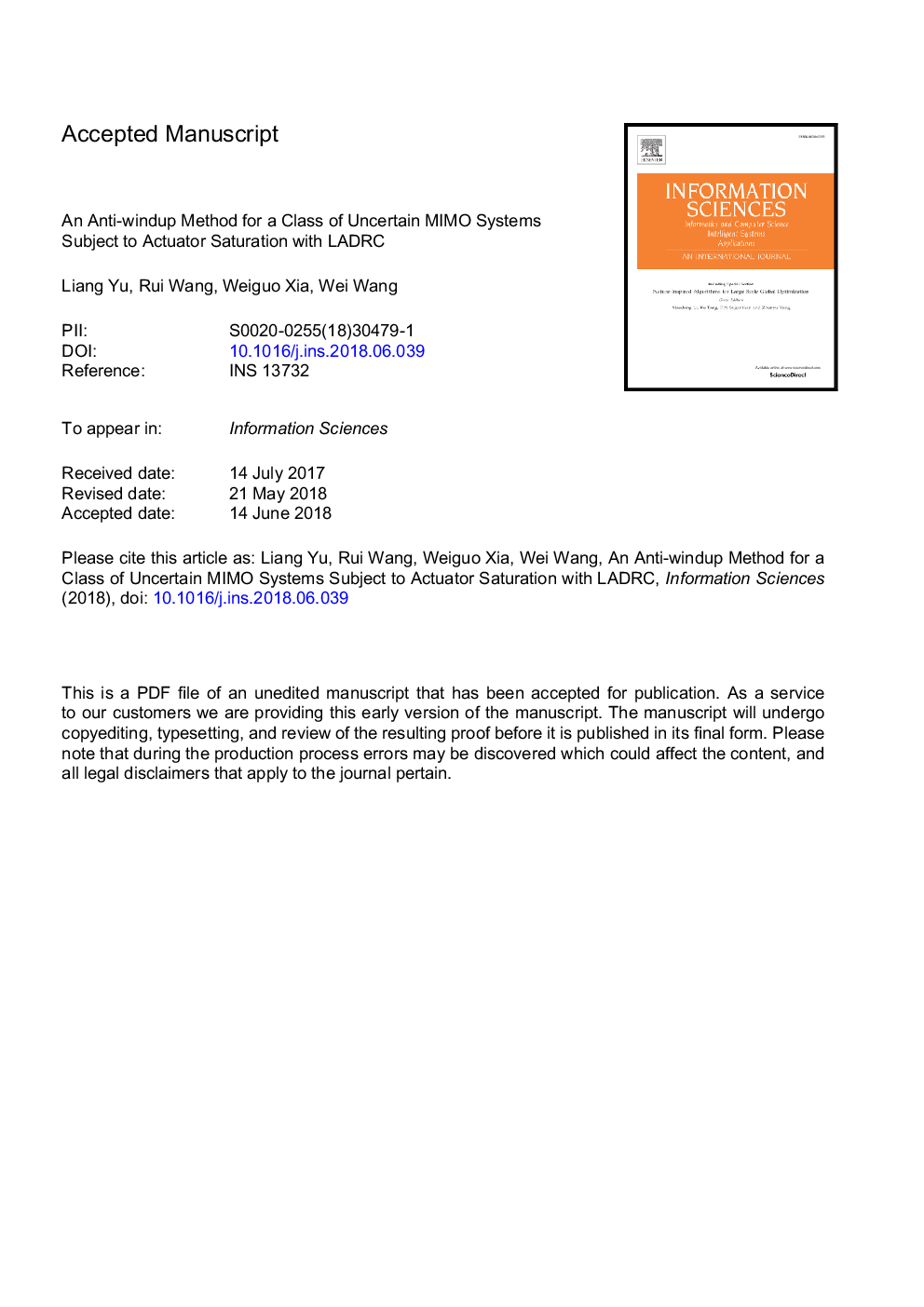 An anti-windup method for a class of uncertain MIMO systems subject to actuator saturation with LADRC