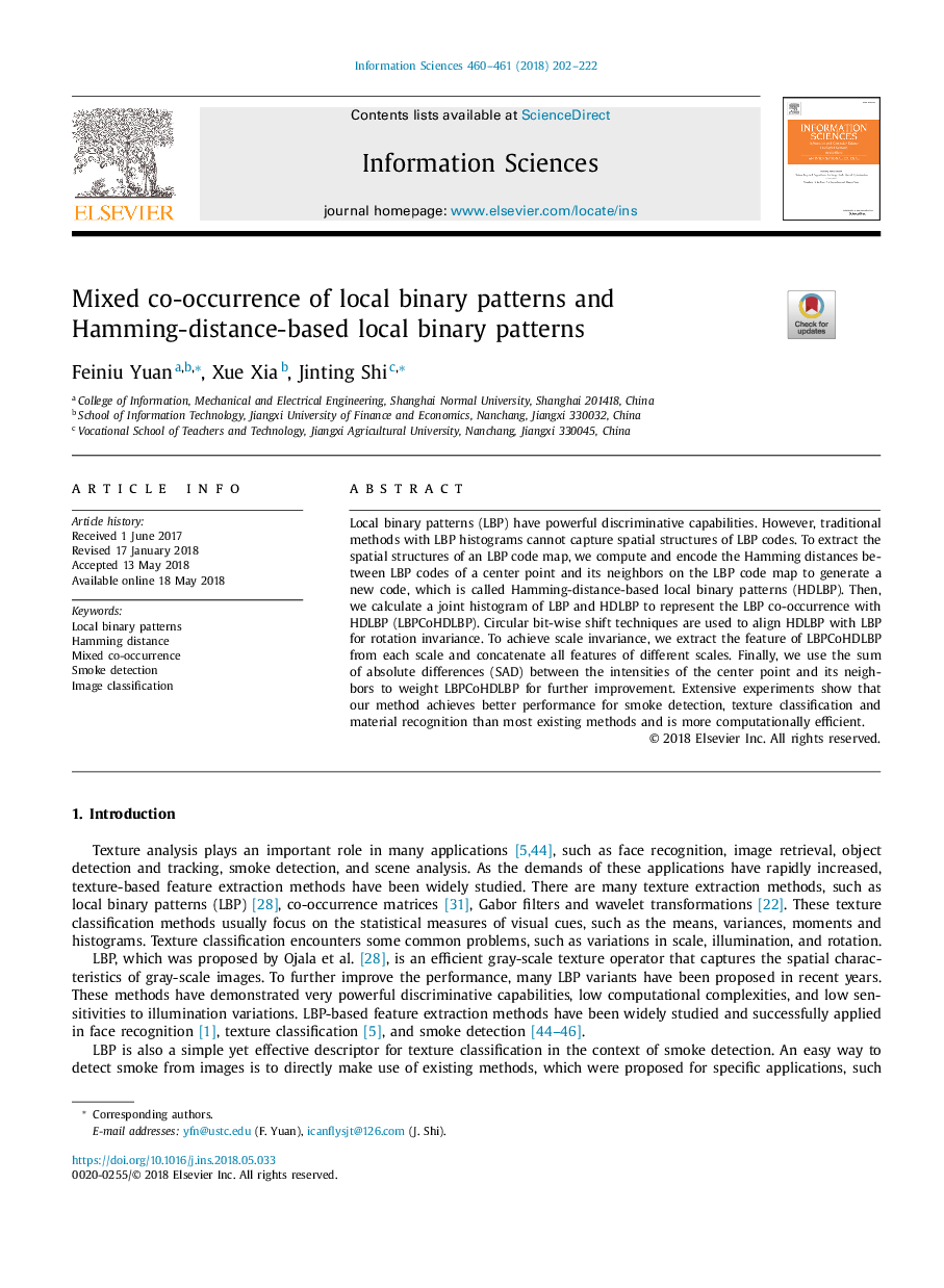 Mixed co-occurrence of local binary patterns and Hamming-distance-based local binary patterns