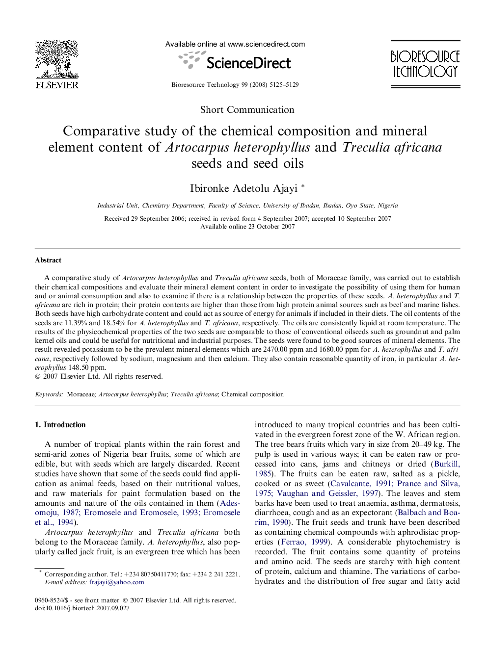 Comparative study of the chemical composition and mineral element content of Artocarpus heterophyllus and Treculia africana seeds and seed oils