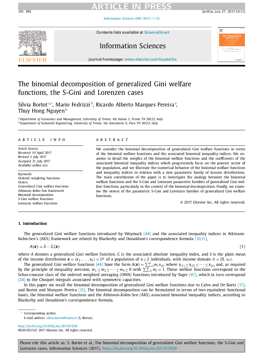 The binomial decomposition of generalized Gini welfare functions, the S-Gini and Lorenzen cases