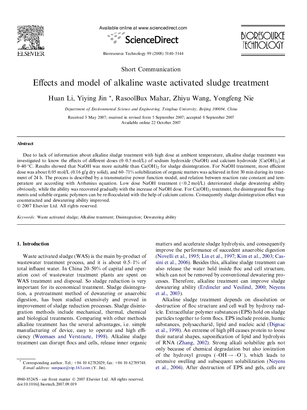 Effects and model of alkaline waste activated sludge treatment