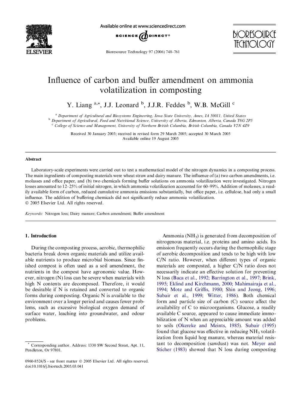 Influence of carbon and buffer amendment on ammonia volatilization in composting