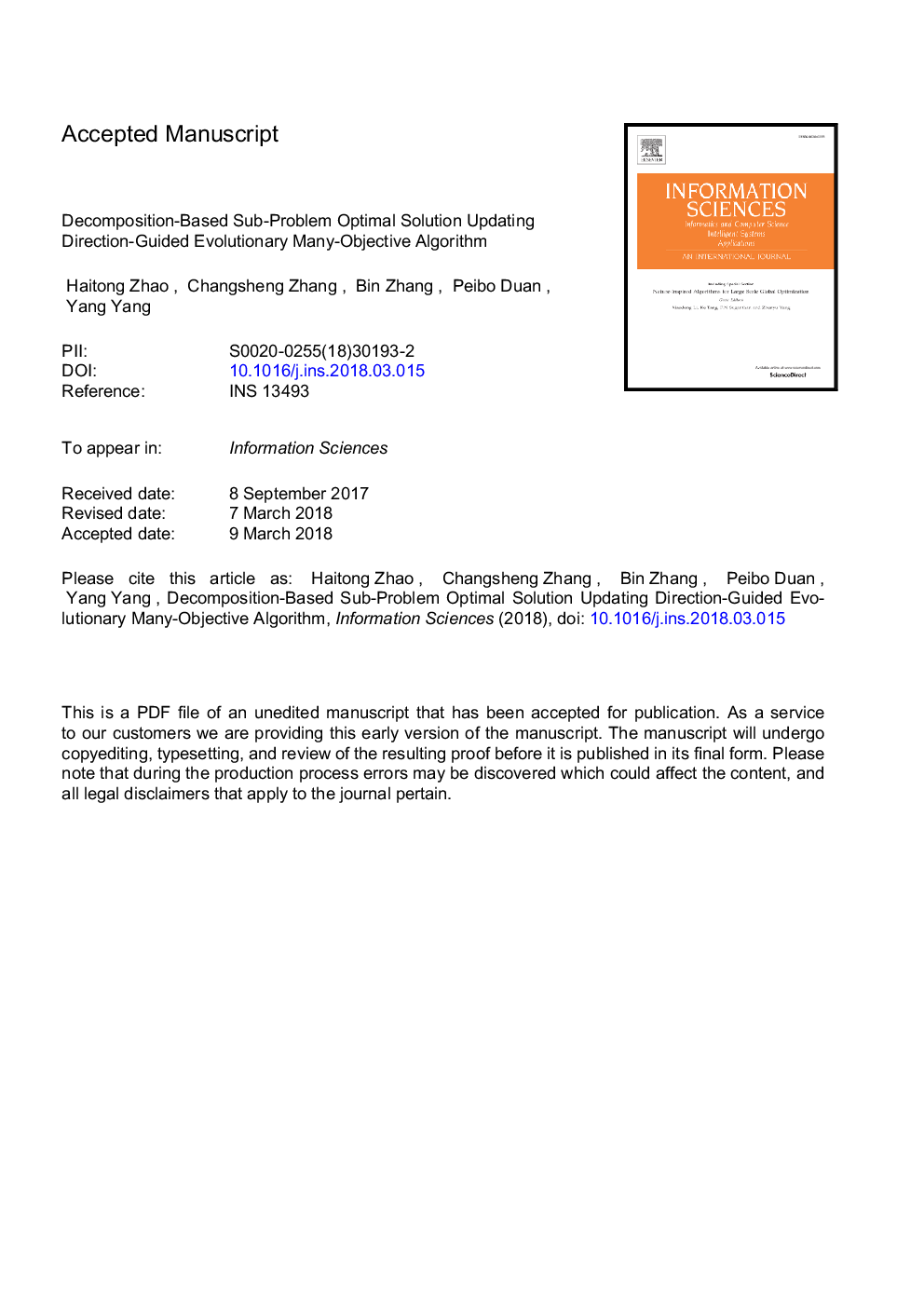 Decomposition-based sub-problem optimal solution updating direction-guided evolutionary many-objective algorithm