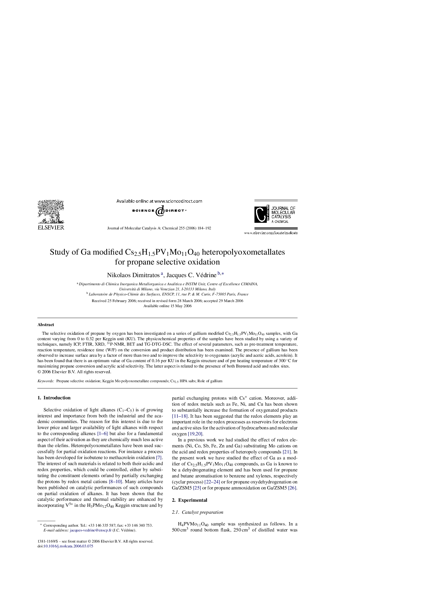 Study of Ga modified Cs2.5H1.5PV1Mo11O40 heteropolyoxometallates for propane selective oxidation