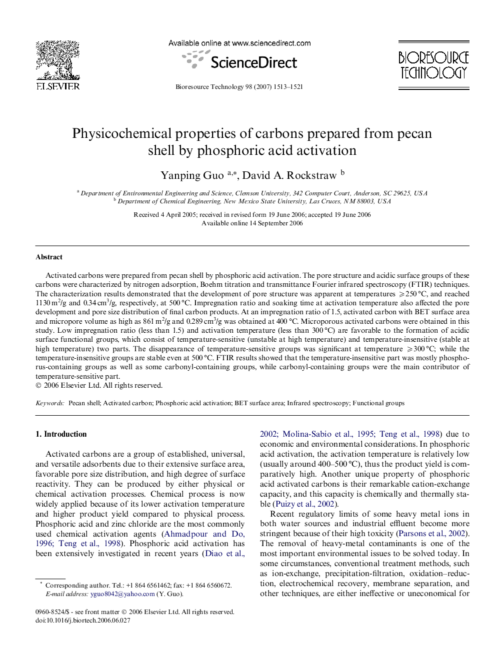 Physicochemical properties of carbons prepared from pecan shell by phosphoric acid activation