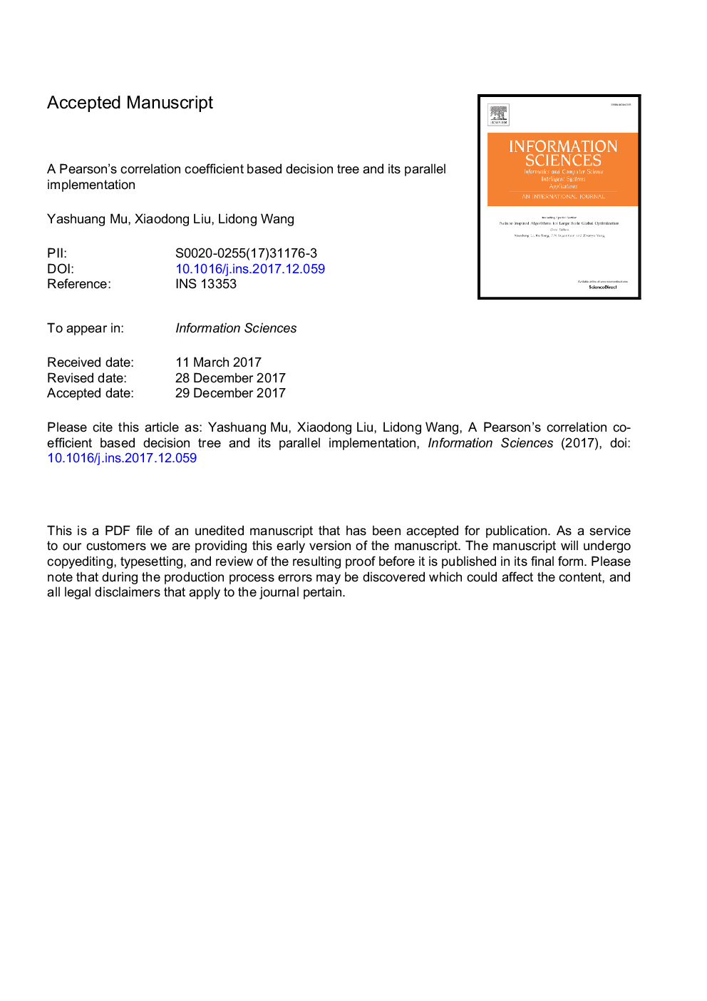 A Pearson's correlation coefficient based decision tree and its parallel implementation