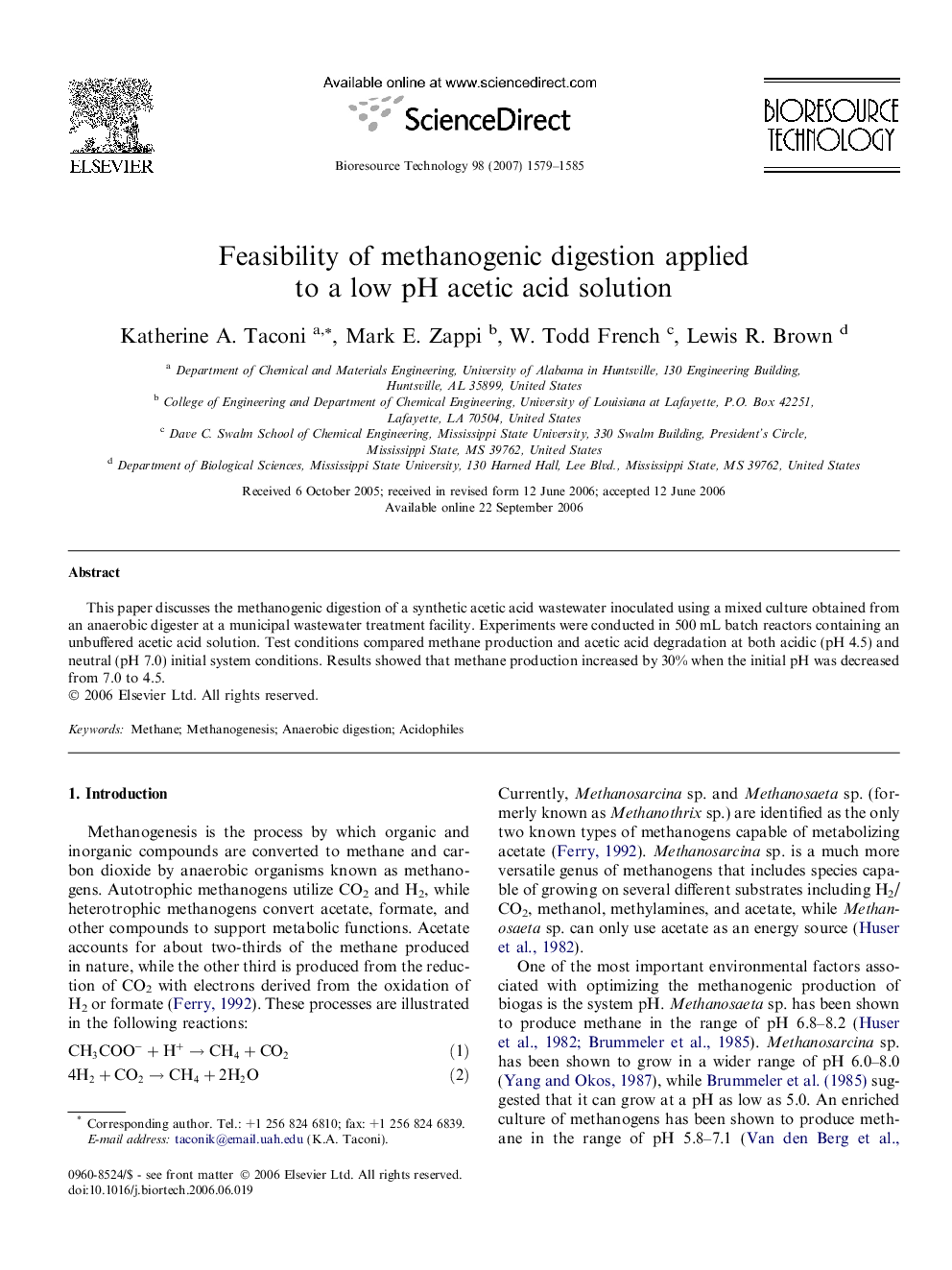 Feasibility of methanogenic digestion applied to a low pH acetic acid solution