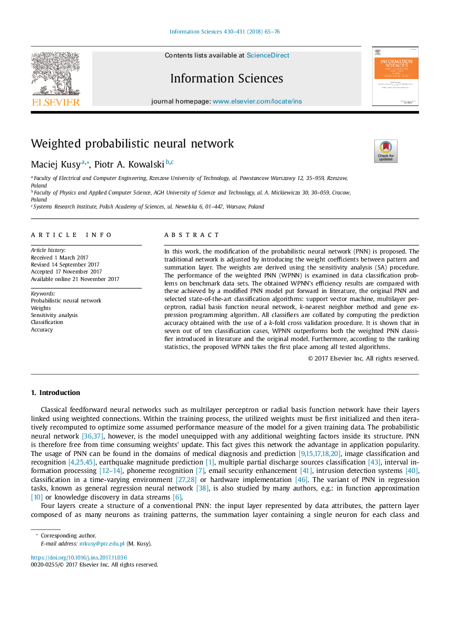 Weighted probabilistic neural network