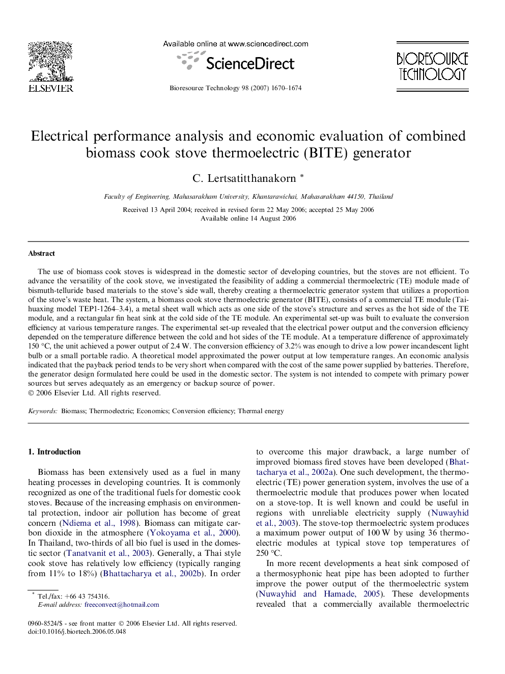 Electrical performance analysis and economic evaluation of combined biomass cook stove thermoelectric (BITE) generator