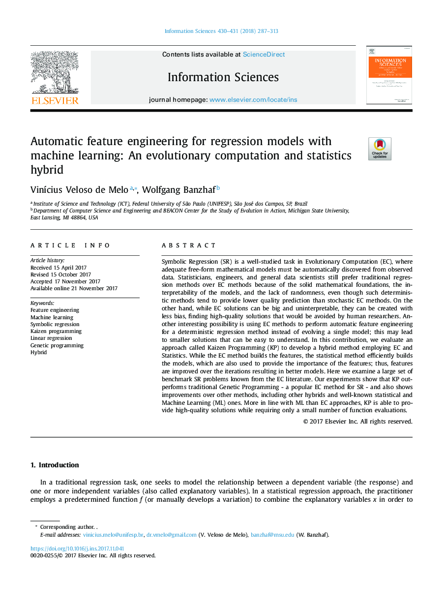مهندسی ویژگی های خودکار برای مدل های رگرسیون با یادگیری ماشین: محاسبات تکاملی و آمار ترکیبی 
