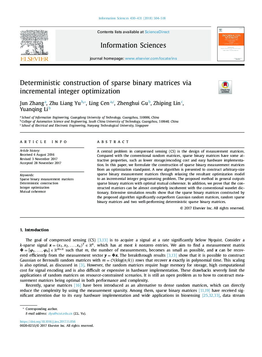 Deterministic construction of sparse binary matrices via incremental integer optimization