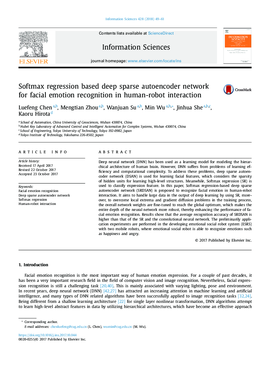 Softmax regression based deep sparse autoencoder network for facial emotion recognition in human-robot interaction