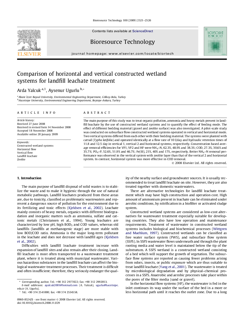 Comparison of horizontal and vertical constructed wetland systems for landfill leachate treatment