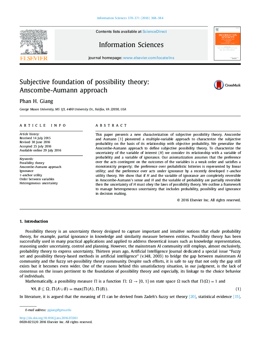 Subjective foundation of possibility theory: Anscombe-Aumann approach