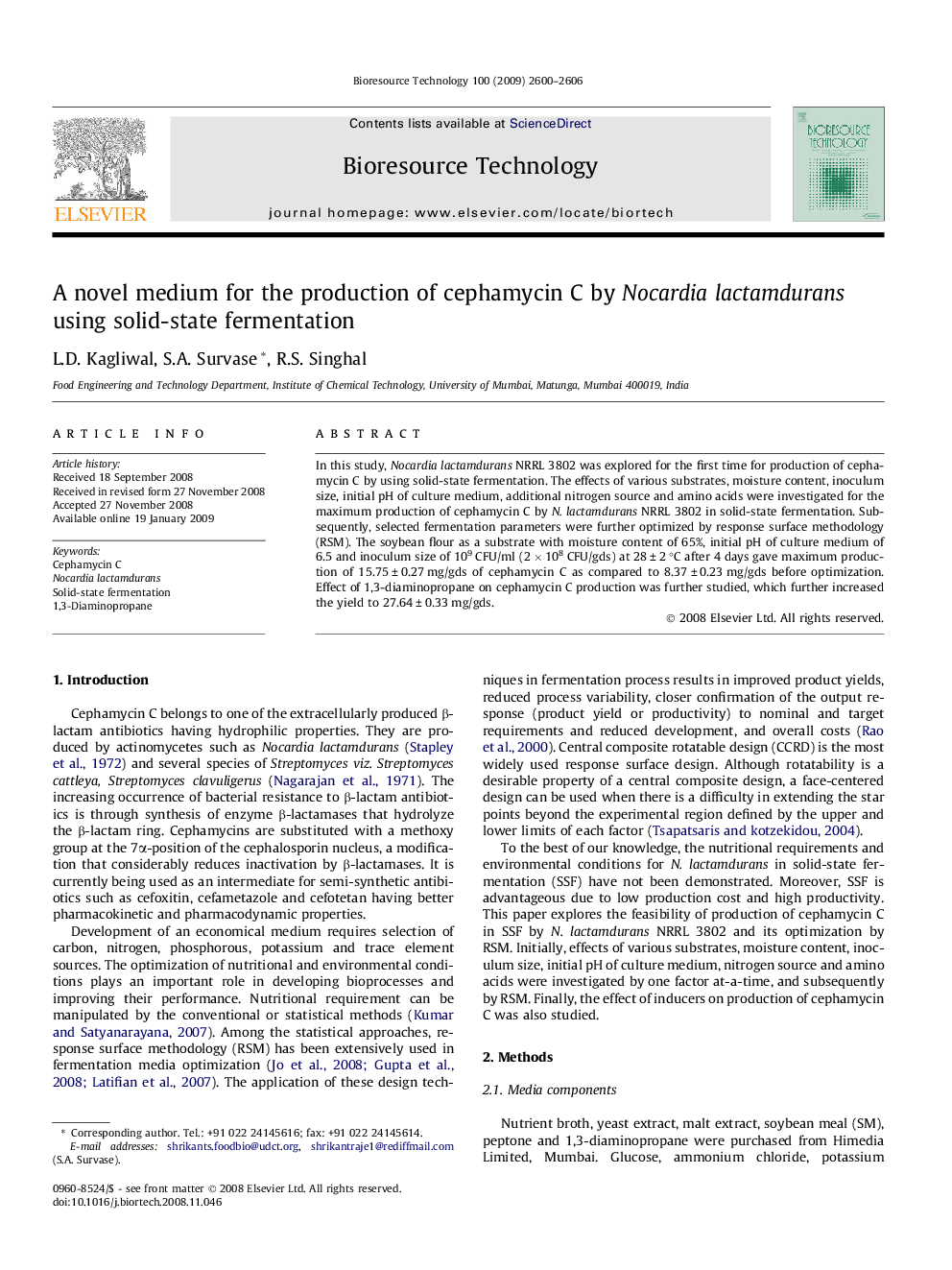 A novel medium for the production of cephamycin C by Nocardia lactamdurans using solid-state fermentation