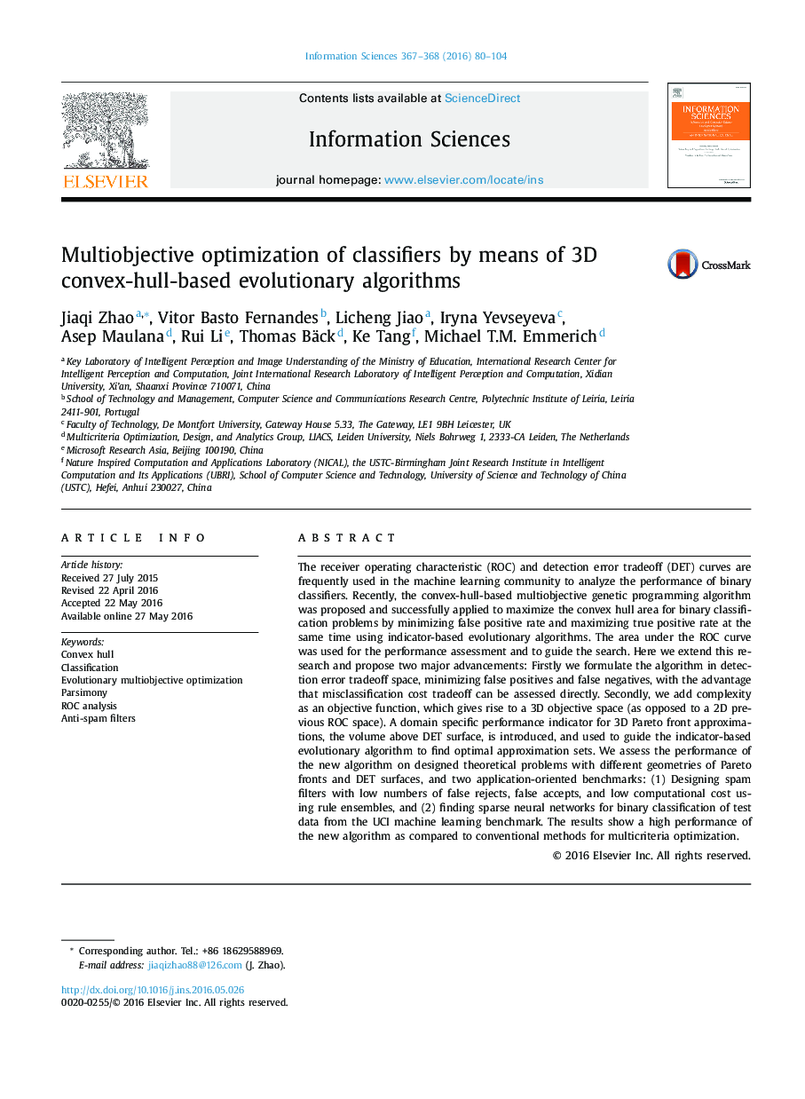 Multiobjective optimization of classifiers by means of 3D convex-hull-based evolutionary algorithms