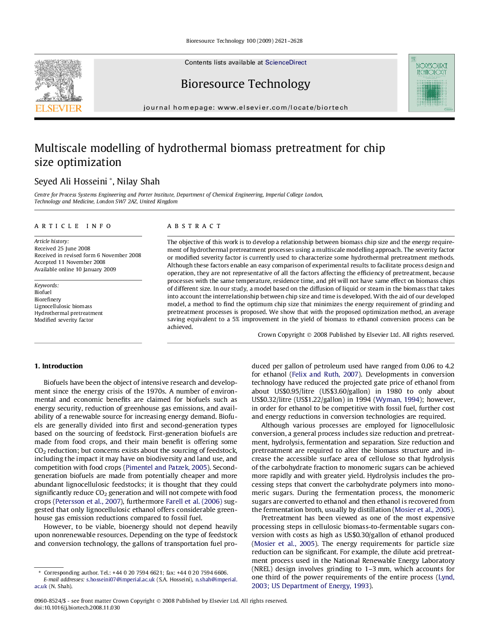 Multiscale modelling of hydrothermal biomass pretreatment for chip size optimization