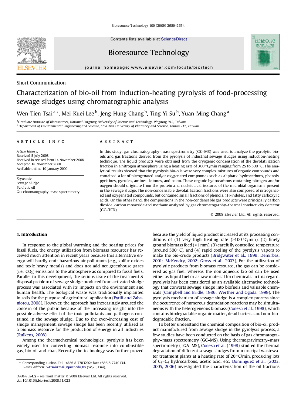 Characterization of bio-oil from induction-heating pyrolysis of food-processing sewage sludges using chromatographic analysis