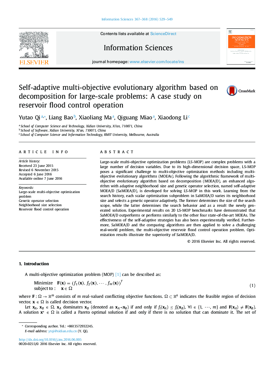 Self-adaptive multi-objective evolutionary algorithm based on decomposition for large-scale problems: A case study on reservoir flood control operation