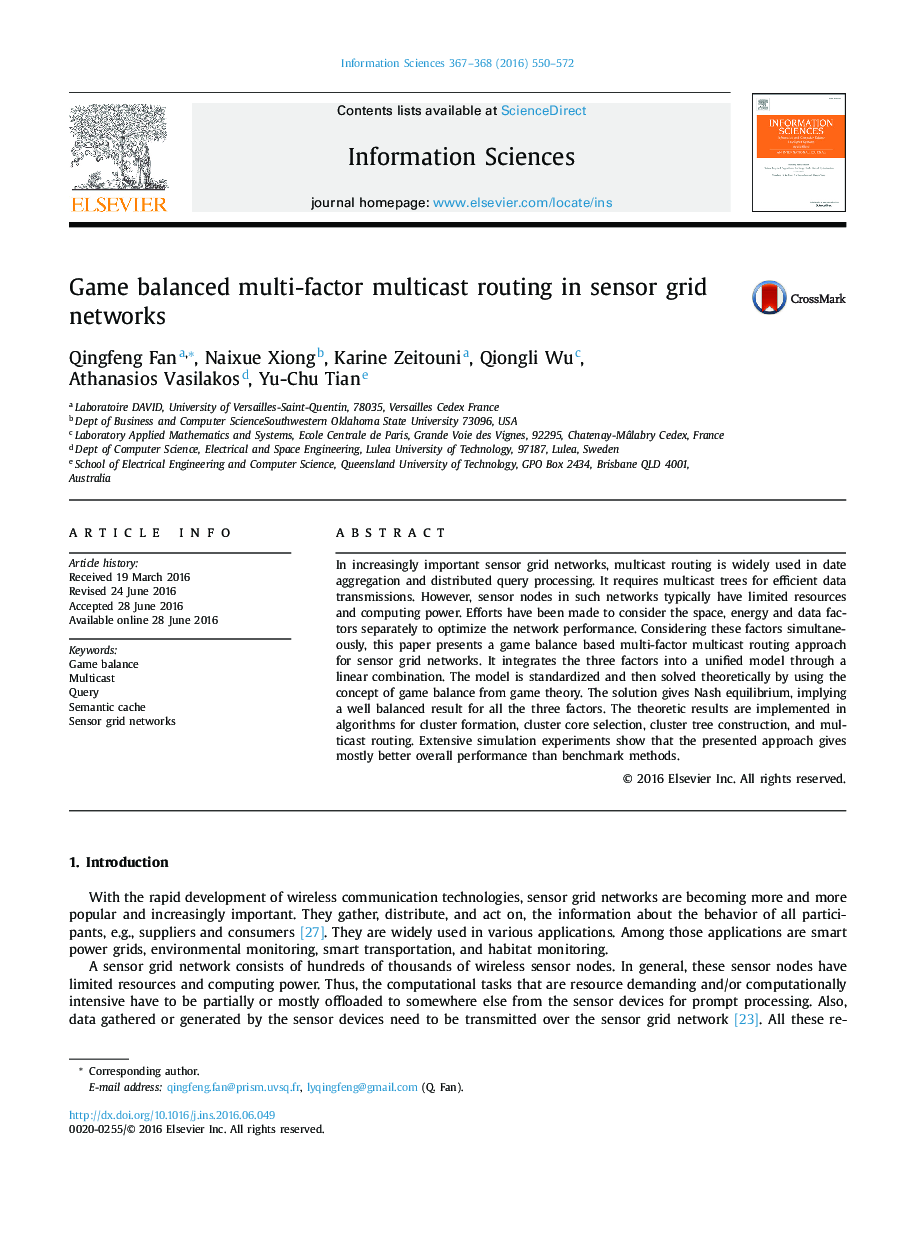 Game balanced multi-factor multicast routing in sensor grid networks