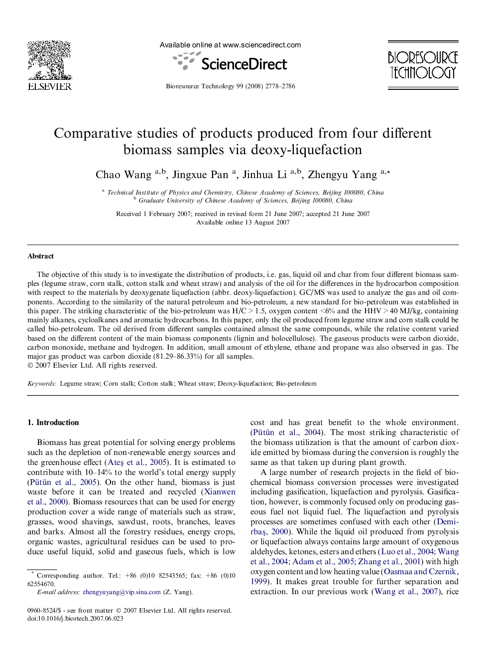 Comparative studies of products produced from four different biomass samples via deoxy-liquefaction