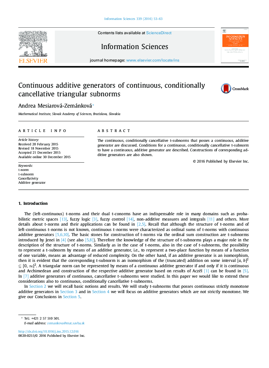 Continuous additive generators of continuous, conditionally cancellative triangular subnorms