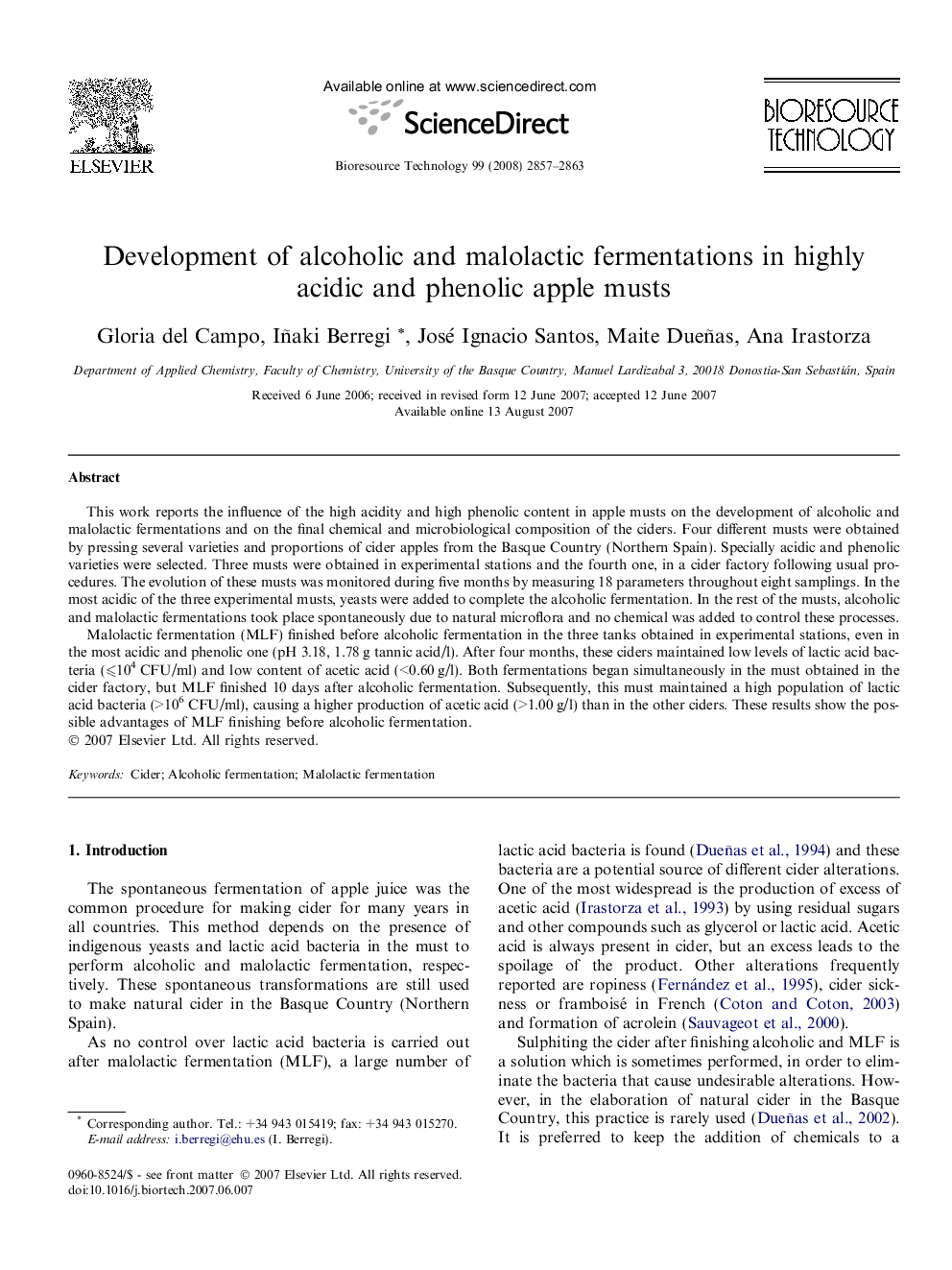 عکس صفحه اول مقاله: Development of alcoholic and malolactic fermentations in highly acidic and phenolic apple musts Development of alcoholic and malolactic fermentations in highly acidic and phenolic apple musts