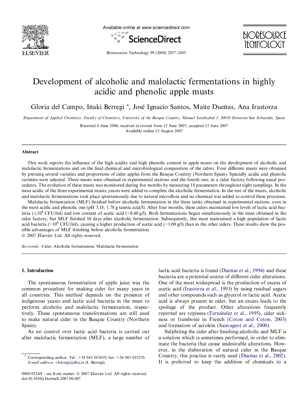 Development of alcoholic and malolactic fermentations in highly acidic and phenolic apple musts