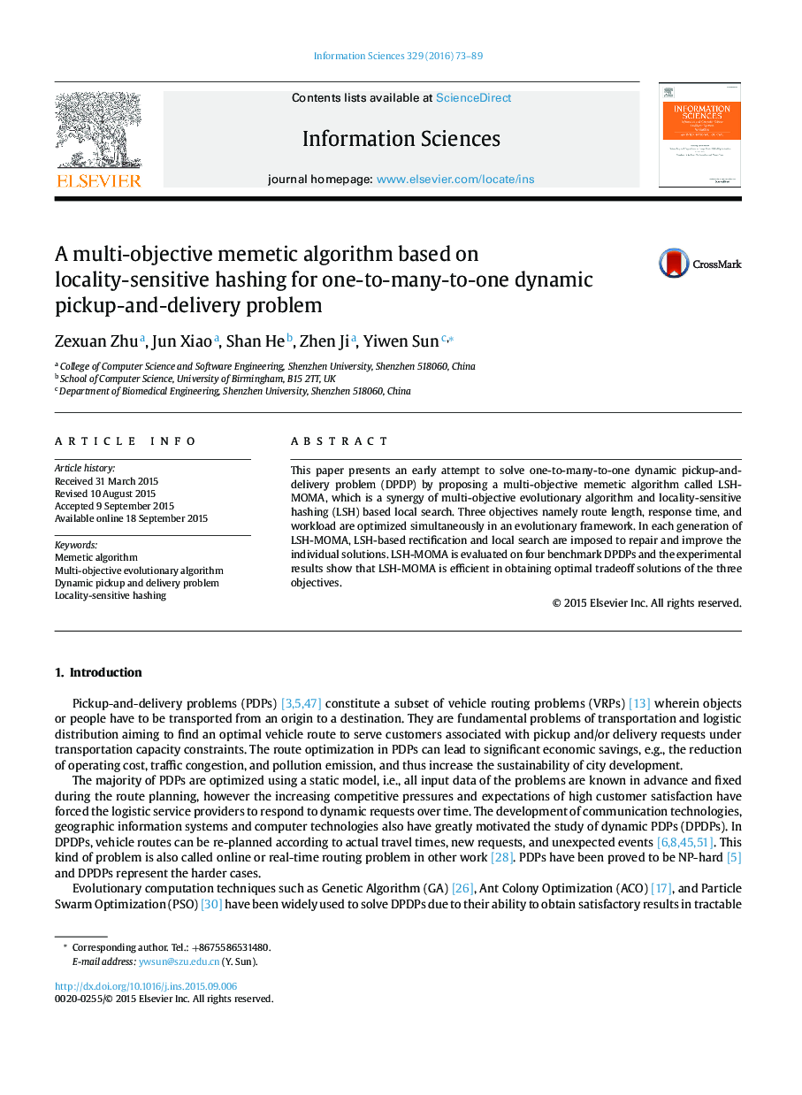 A multi-objective memetic algorithm based on locality-sensitive hashing for one-to-many-to-one dynamic pickup-and-delivery problem