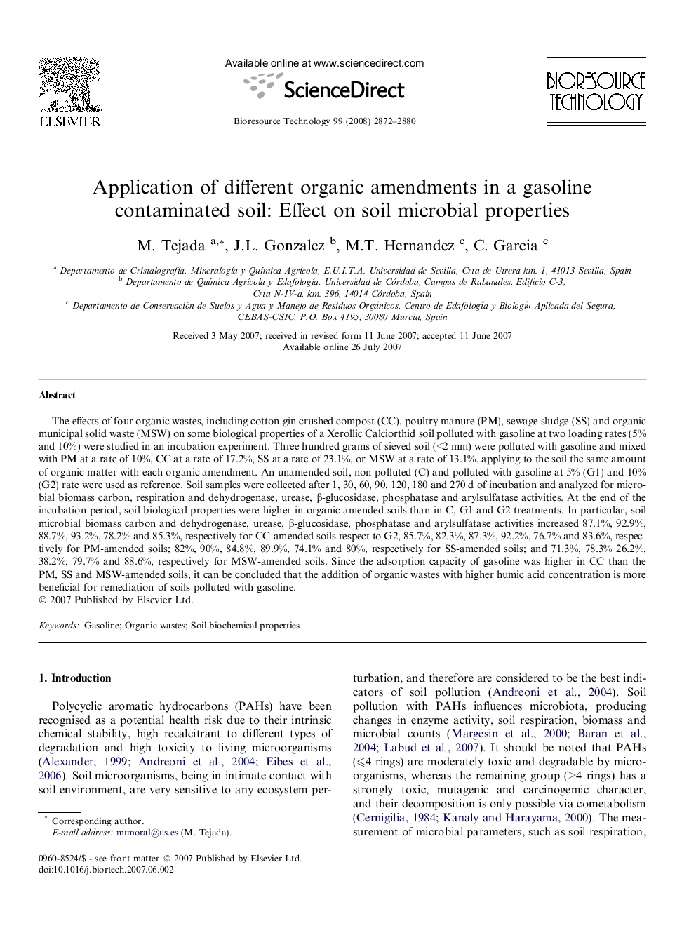 Application of different organic amendments in a gasoline contaminated soil: Effect on soil microbial properties