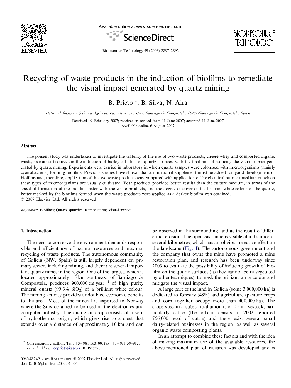 Recycling of waste products in the induction of biofilms to remediate the visual impact generated by quartz mining