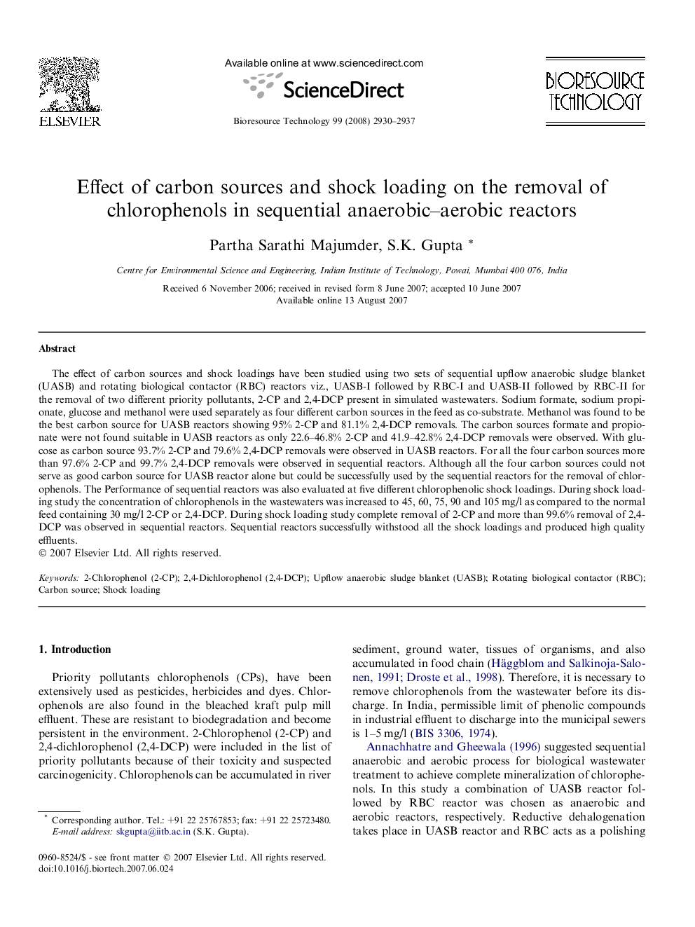 Effect of carbon sources and shock loading on the removal of chlorophenols in sequential anaerobic–aerobic reactors