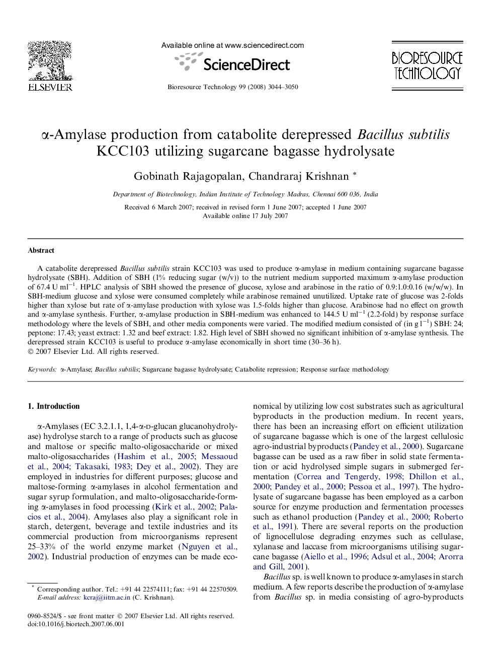 α-Amylase production from catabolite derepressed Bacillus subtilis KCC103 utilizing sugarcane bagasse hydrolysate