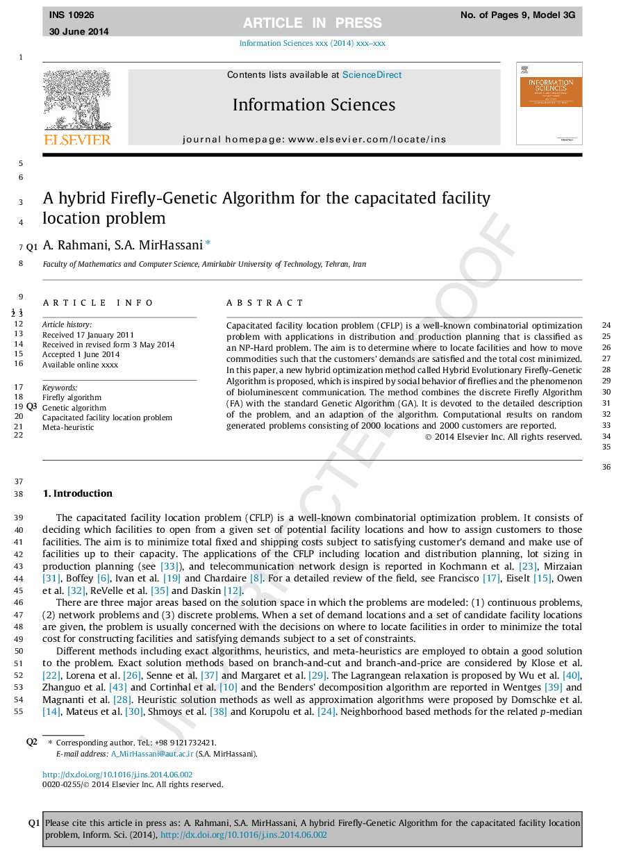 A hybrid Firefly-Genetic Algorithm for the capacitated facility location problem