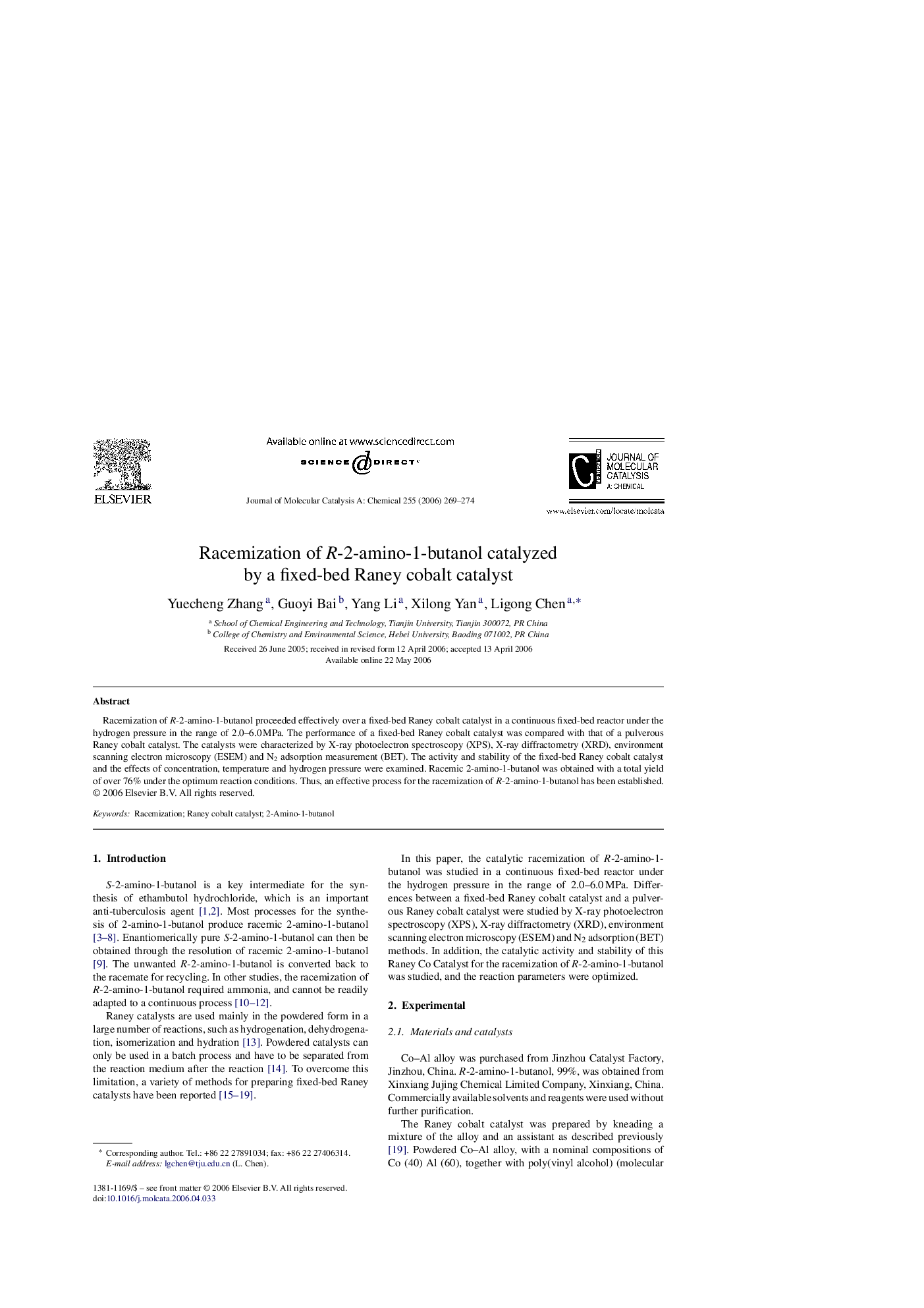 Racemization of R-2-amino-1-butanol catalyzed by a fixed-bed Raney cobalt catalyst