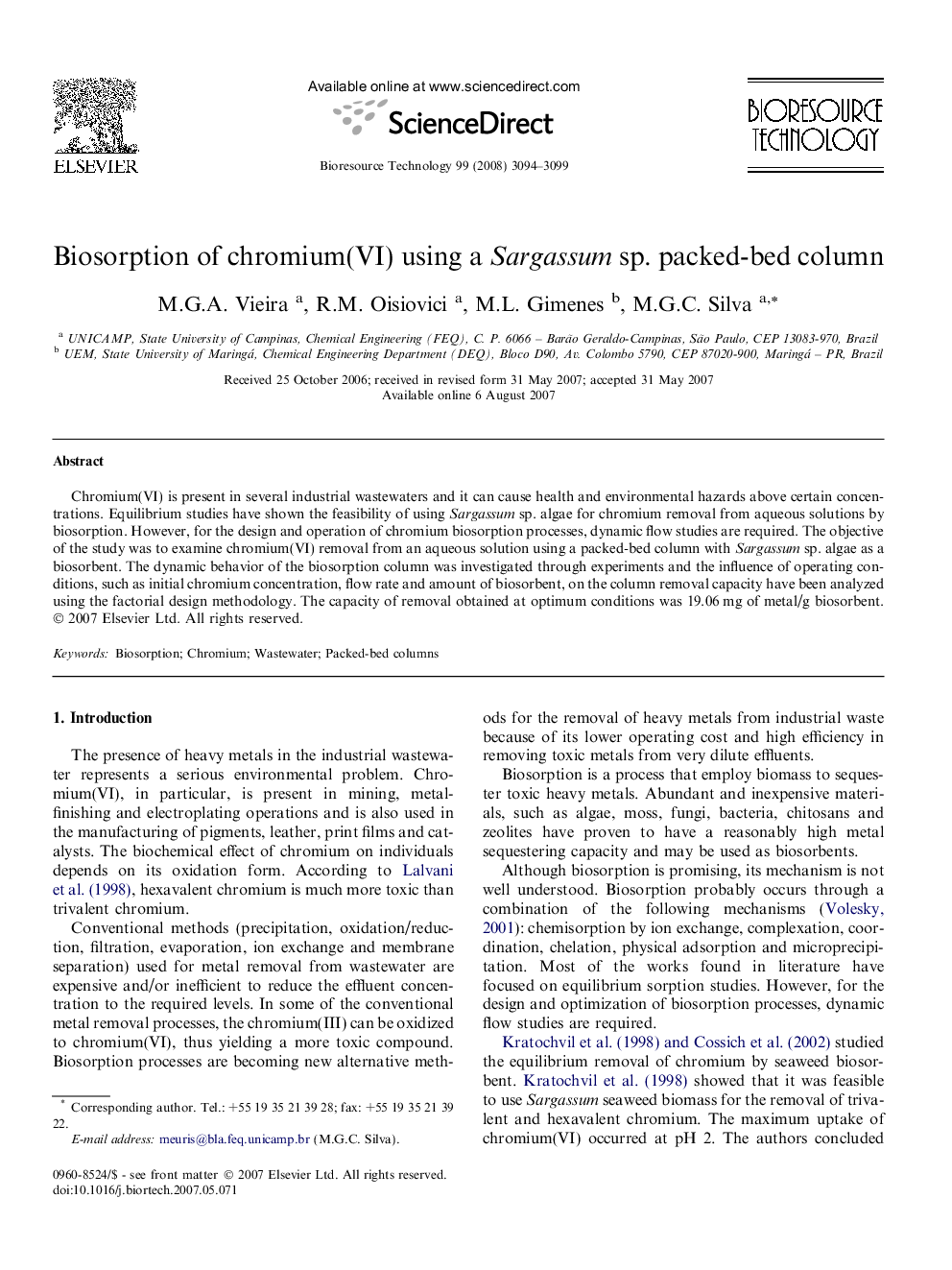 Biosorption of chromium(VI) using a Sargassum sp. packed-bed column