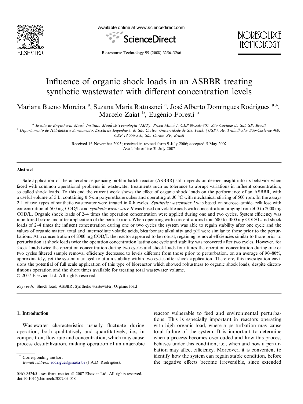 Influence of organic shock loads in an ASBBR treating synthetic wastewater with different concentration levels