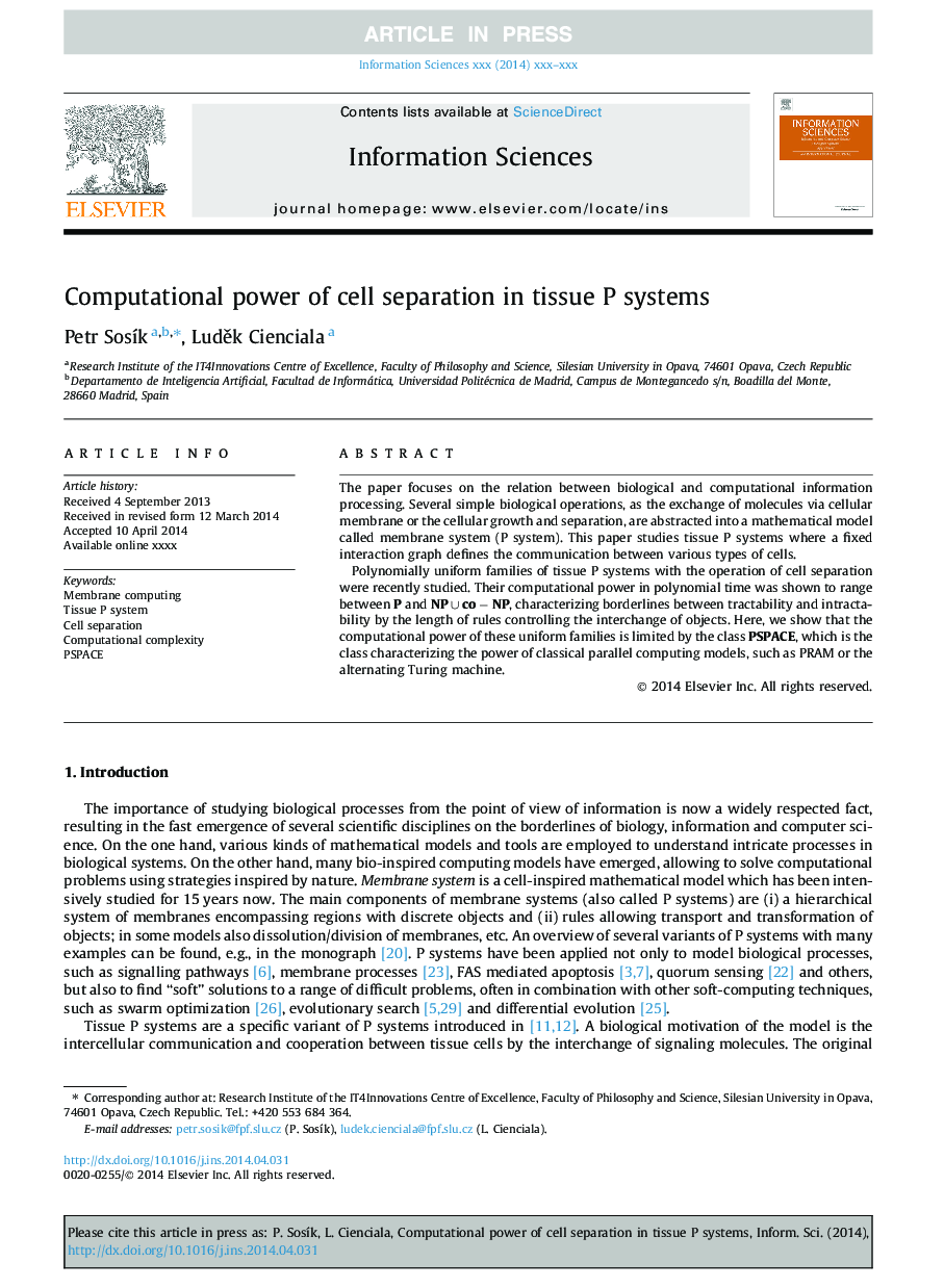 عکس صفحه اول مقاله: Computational power of cell separation in tissue P systems Computational power of cell separation in tissue P systems