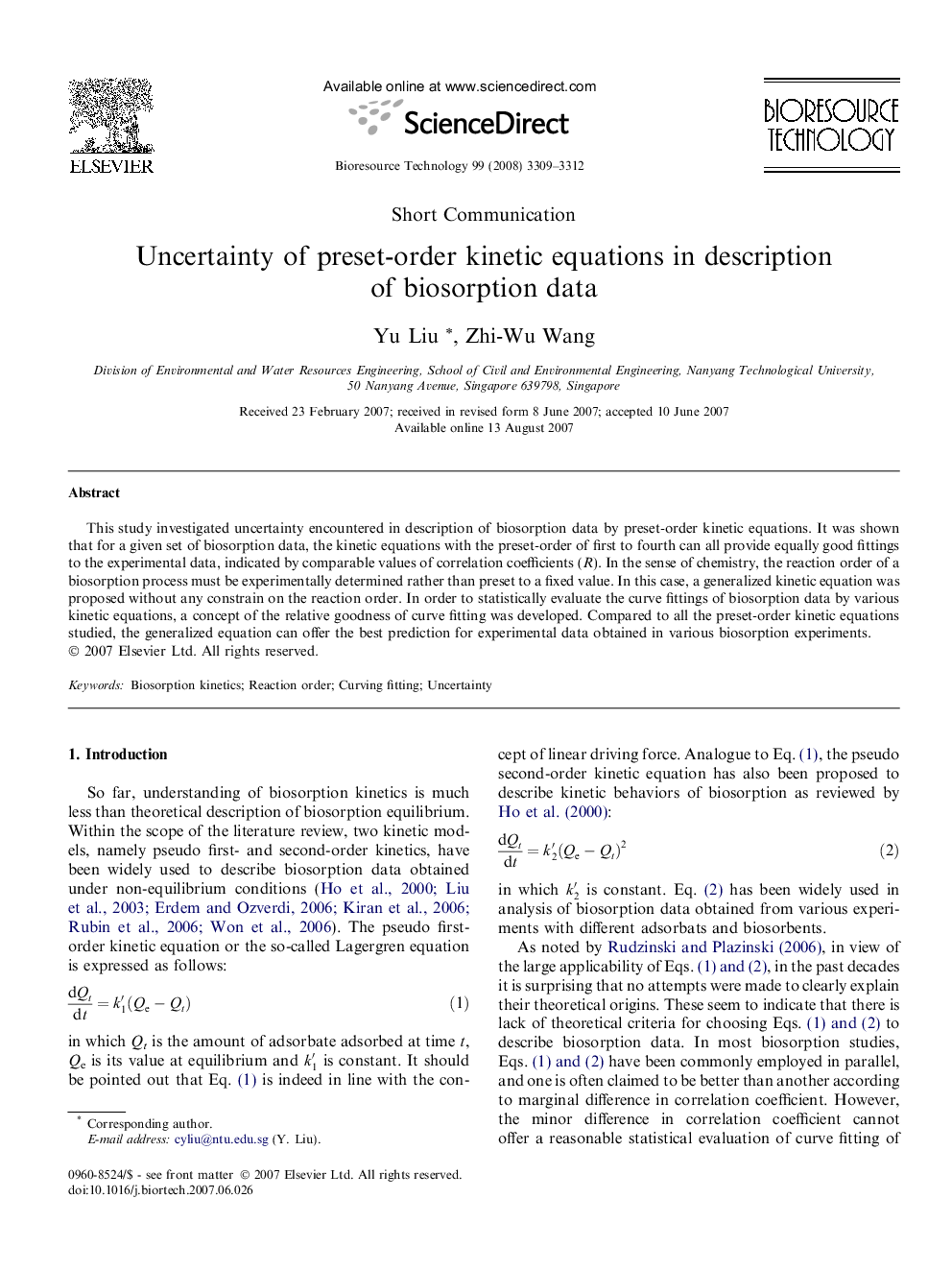 Uncertainty of preset-order kinetic equations in description of biosorption data