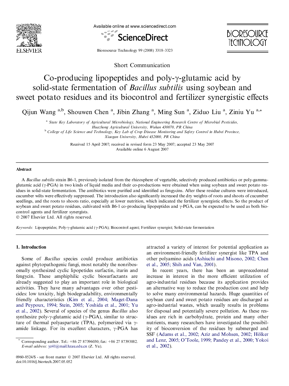 Co-producing lipopeptides and poly-γ-glutamic acid by solid-state fermentation of Bacillus subtilis using soybean and sweet potato residues and its biocontrol and fertilizer synergistic effects