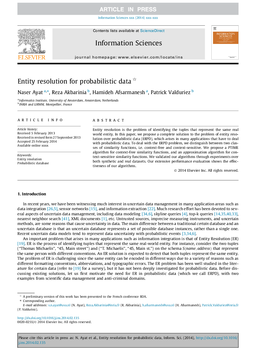 Entity resolution for probabilistic data