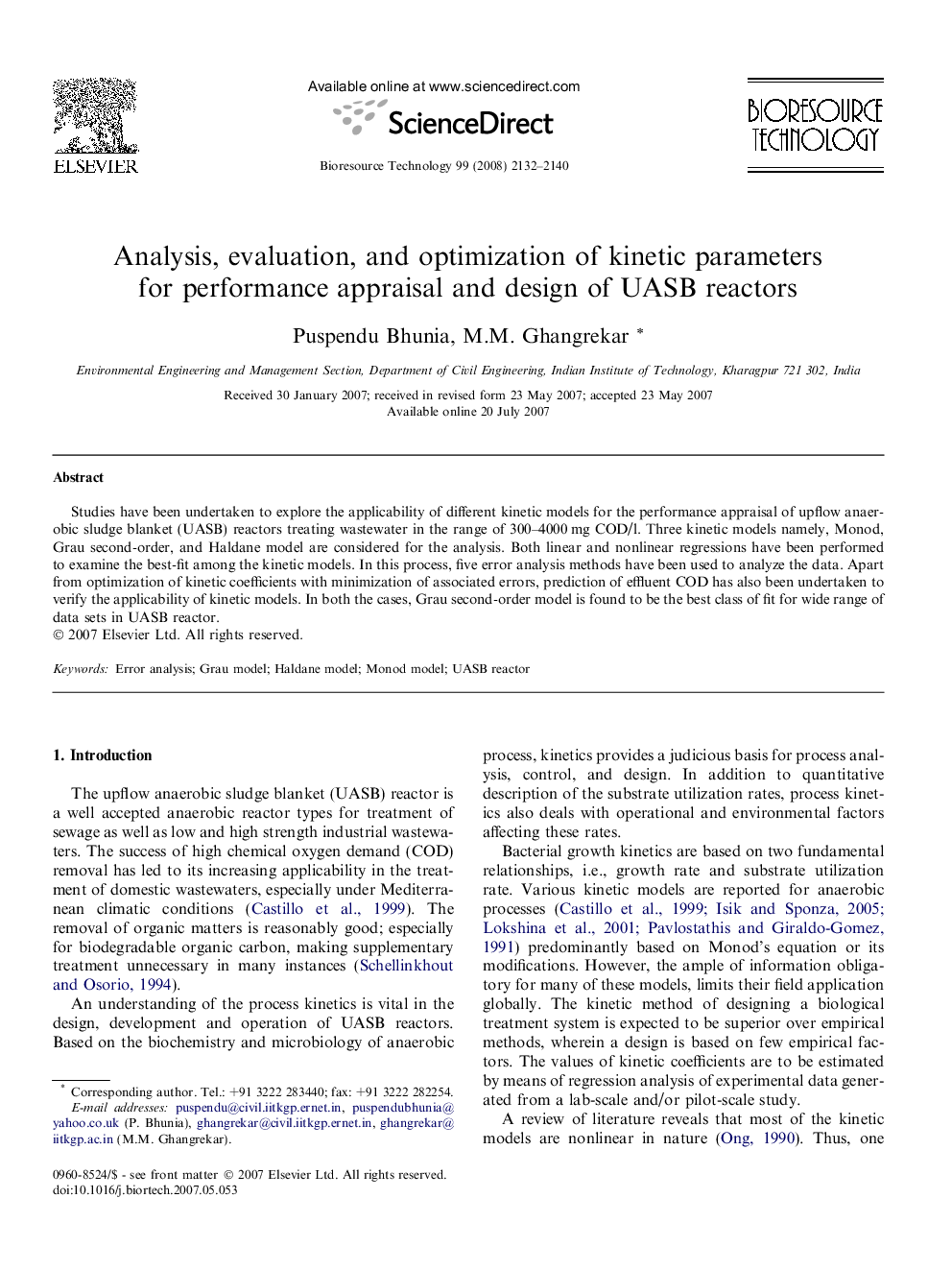 Analysis, evaluation, and optimization of kinetic parameters for performance appraisal and design of UASB reactors