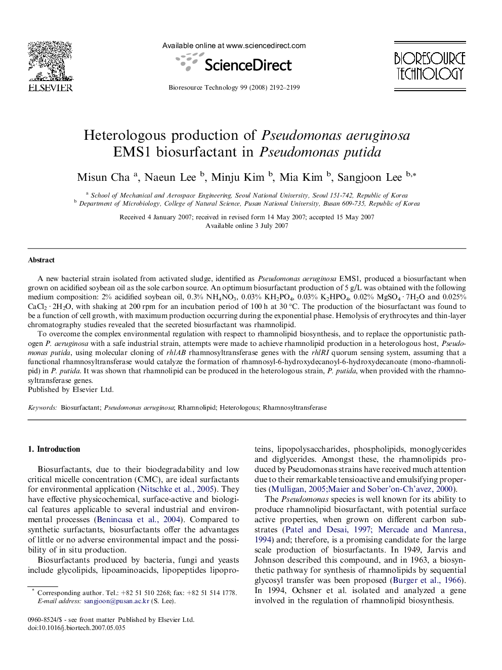 Heterologous production of Pseudomonas aeruginosa EMS1 biosurfactant in Pseudomonas putida