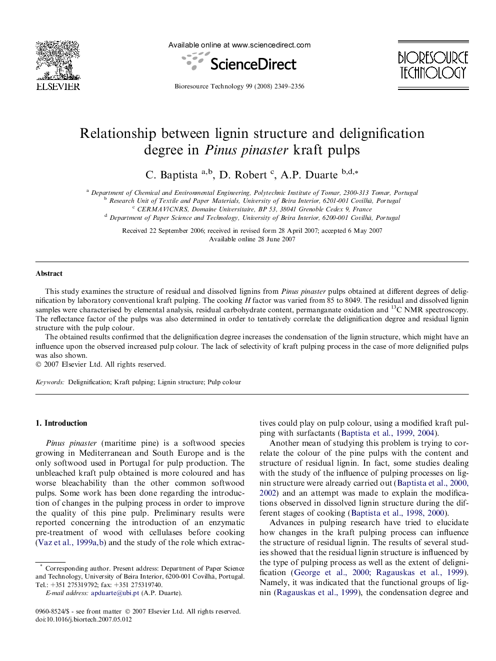 Relationship between lignin structure and delignification degree in Pinus pinaster kraft pulps