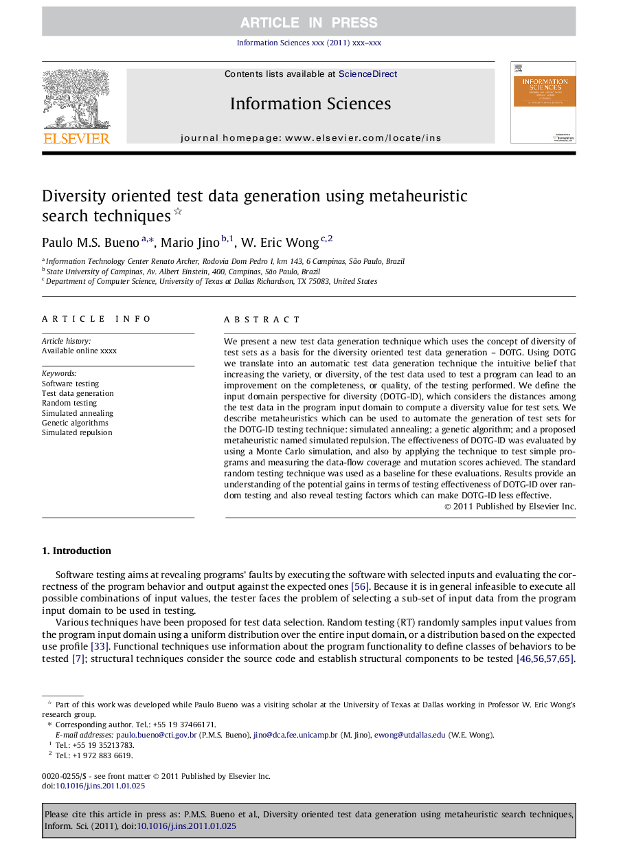 Diversity oriented test data generation using metaheuristic search techniques