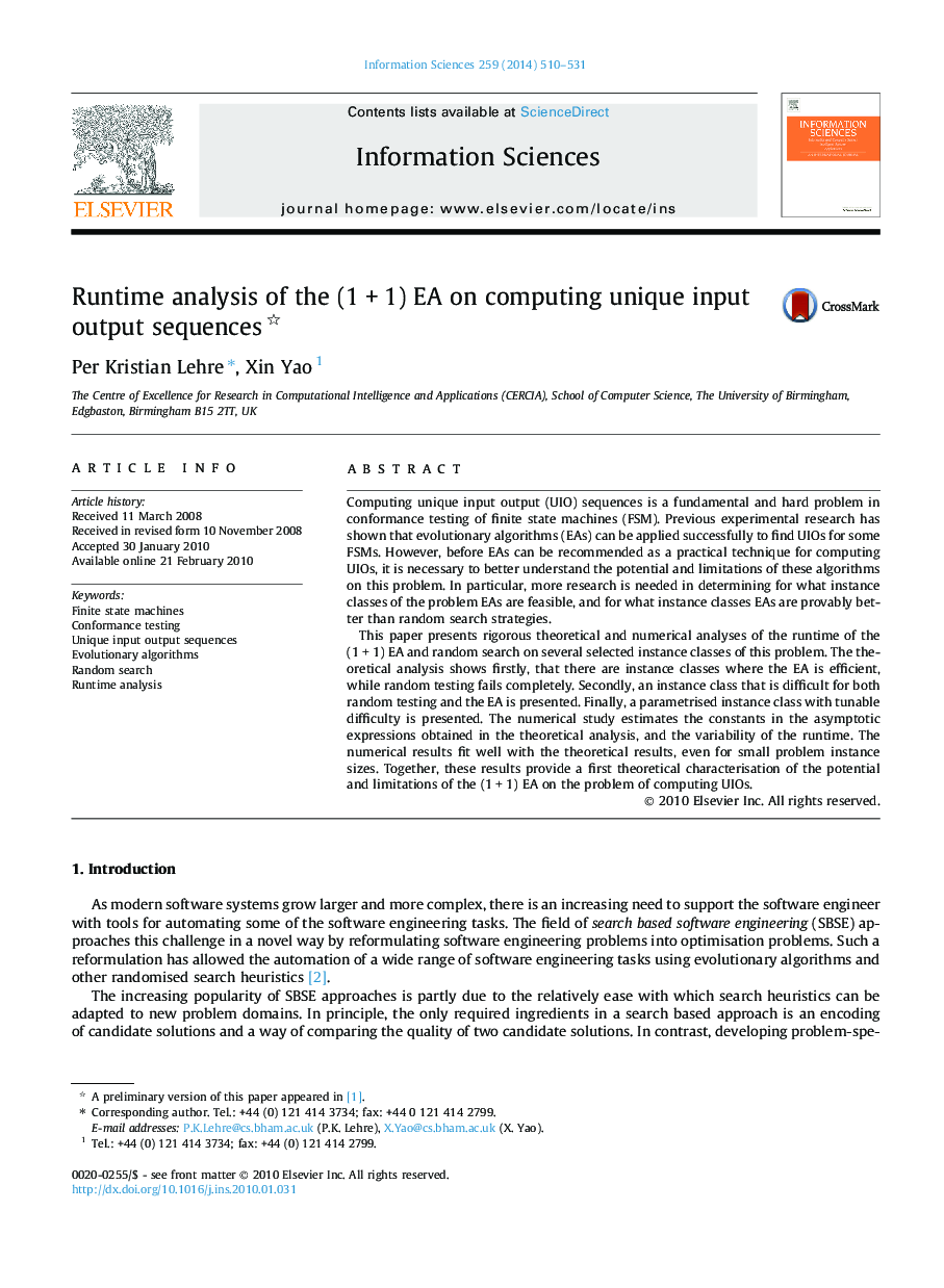 Runtime analysis of the (1Â +Â 1) EA on computing unique input output sequences