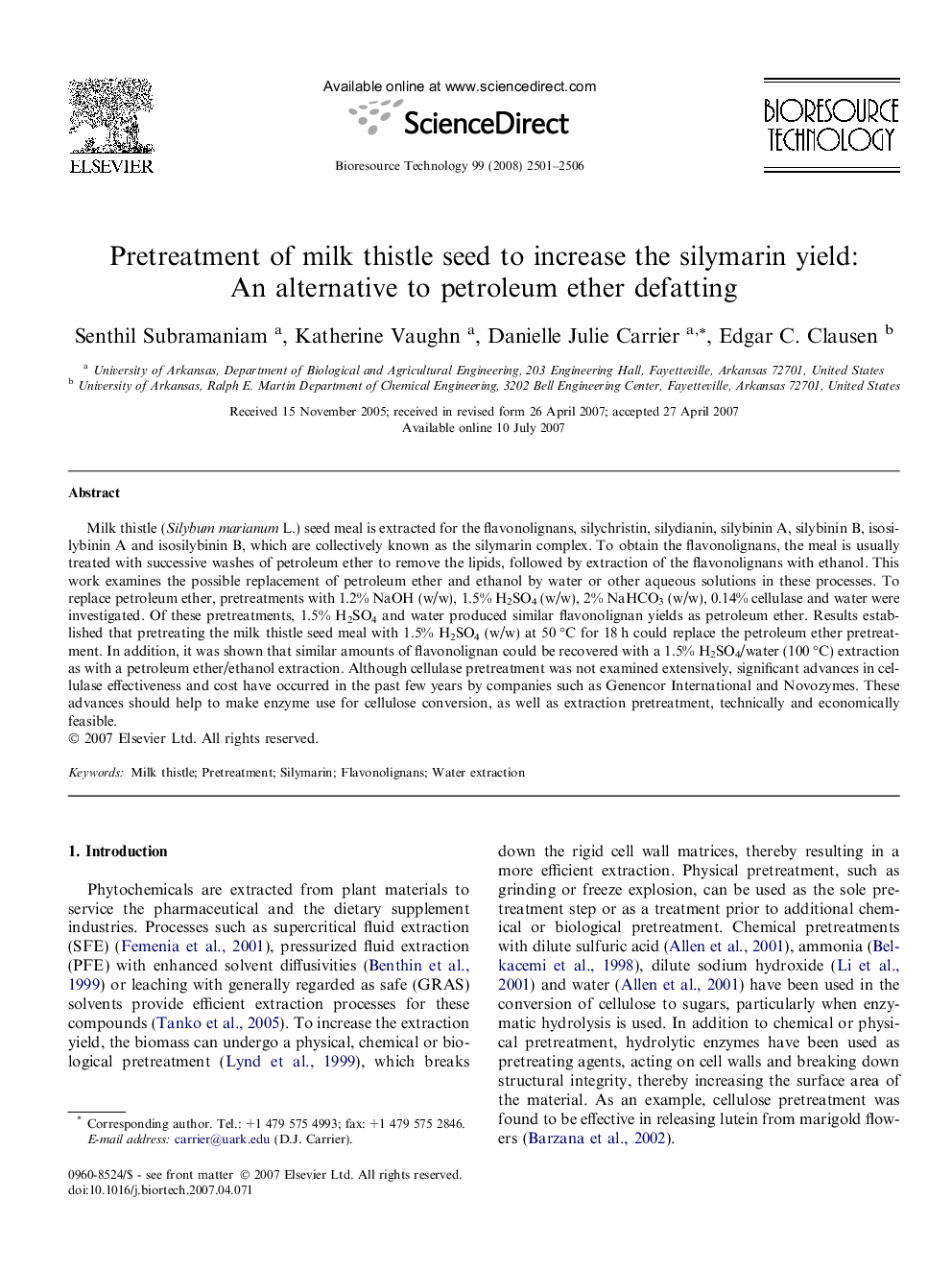 Pretreatment of milk thistle seed to increase the silymarin yield: An alternative to petroleum ether defatting